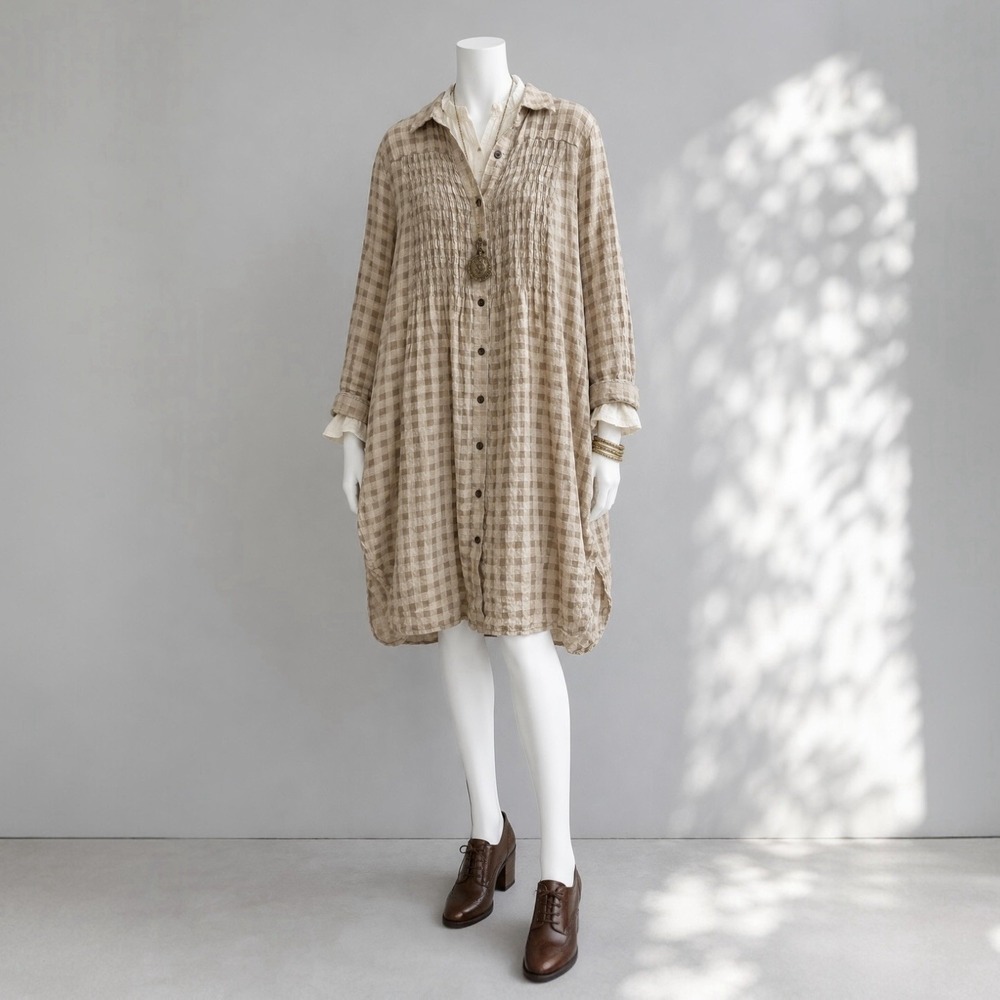 Cabbages & Roses Tunic UK 10 US 6 Tan Linen Cotton Lagenlook Oversize Button Top - Picture 2 of 14